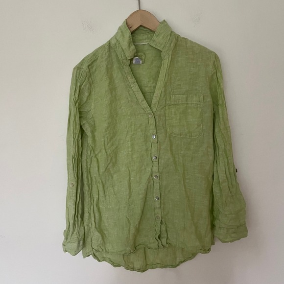 Sigrid Olsen Tops - Sigrid Olsen Womens Small Lime Green 100% Linen Button Down Up Roll Sleeve Shirt